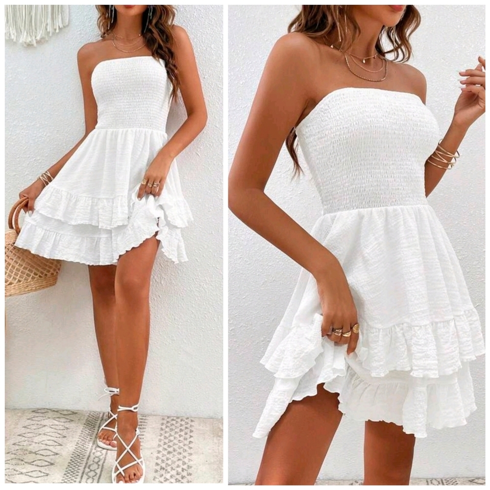 NEW Boho Smocked Strapless Tiered Ruffle Short Dress White